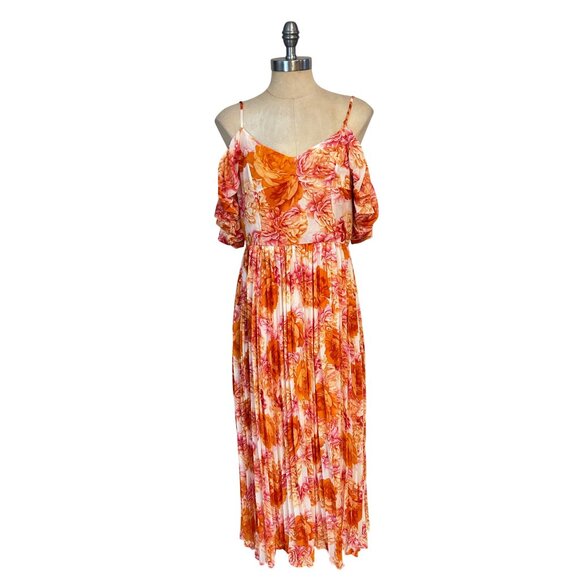 Dalia Macphee Orange Floral Cold Shoulder Floral Pleated Midi Dress Small - Picture 2 of 7